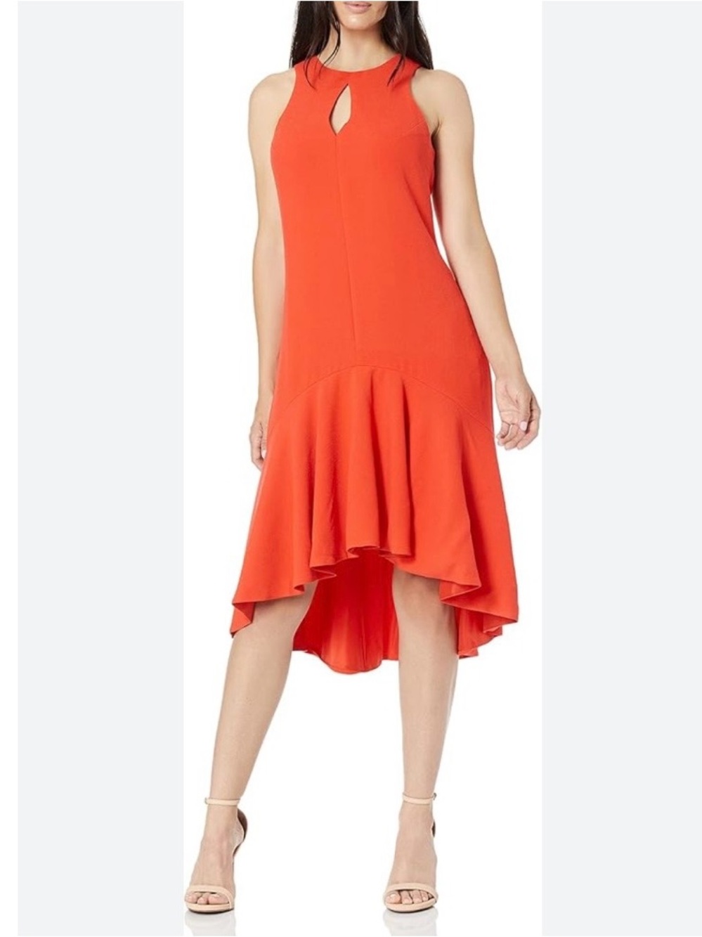 Trina Turk orange red keyhole high low Petal dress in Lady Bug, size 12